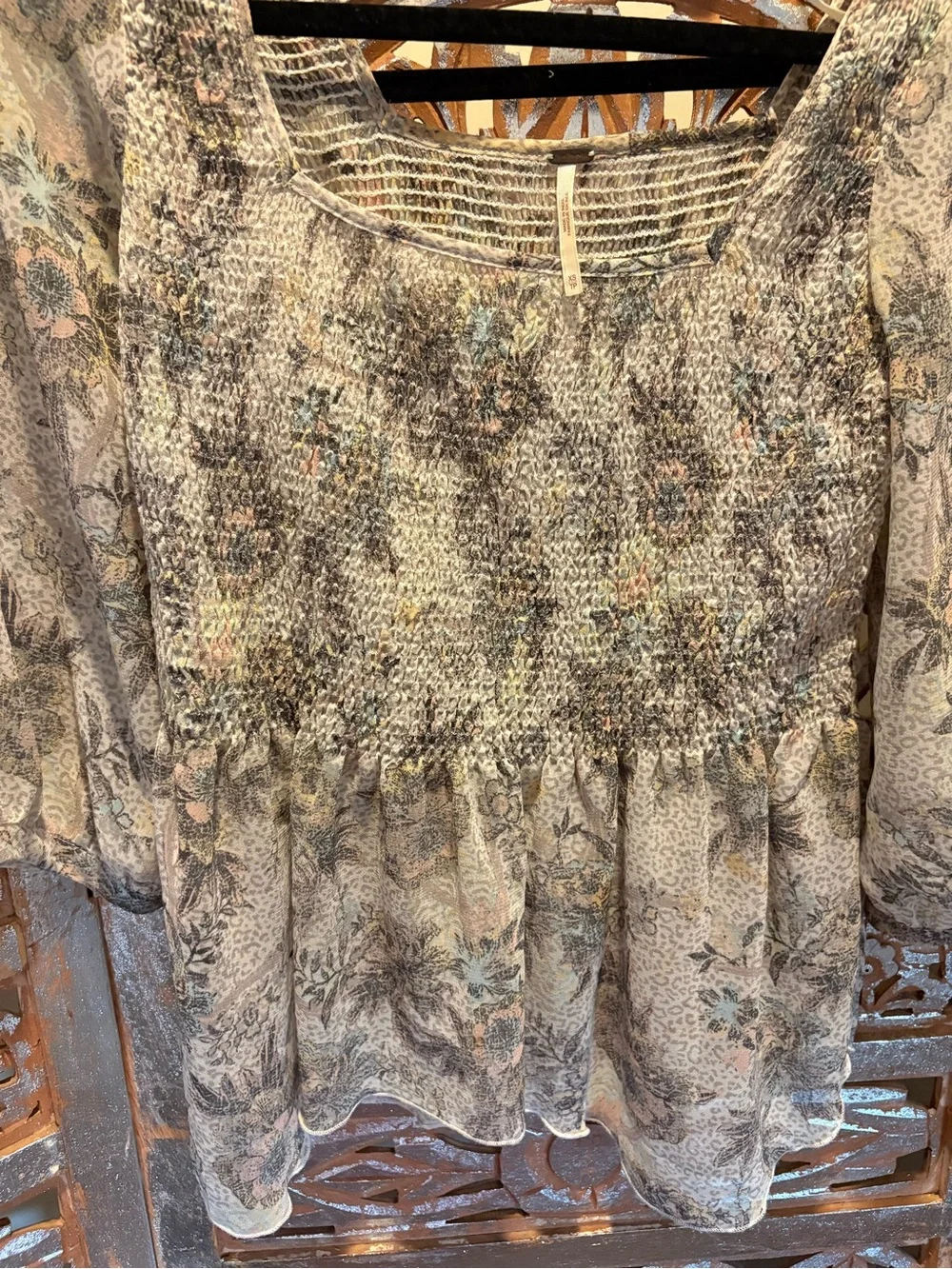 Free People Floral Smocked Peasant Blouse in Cream and Sage